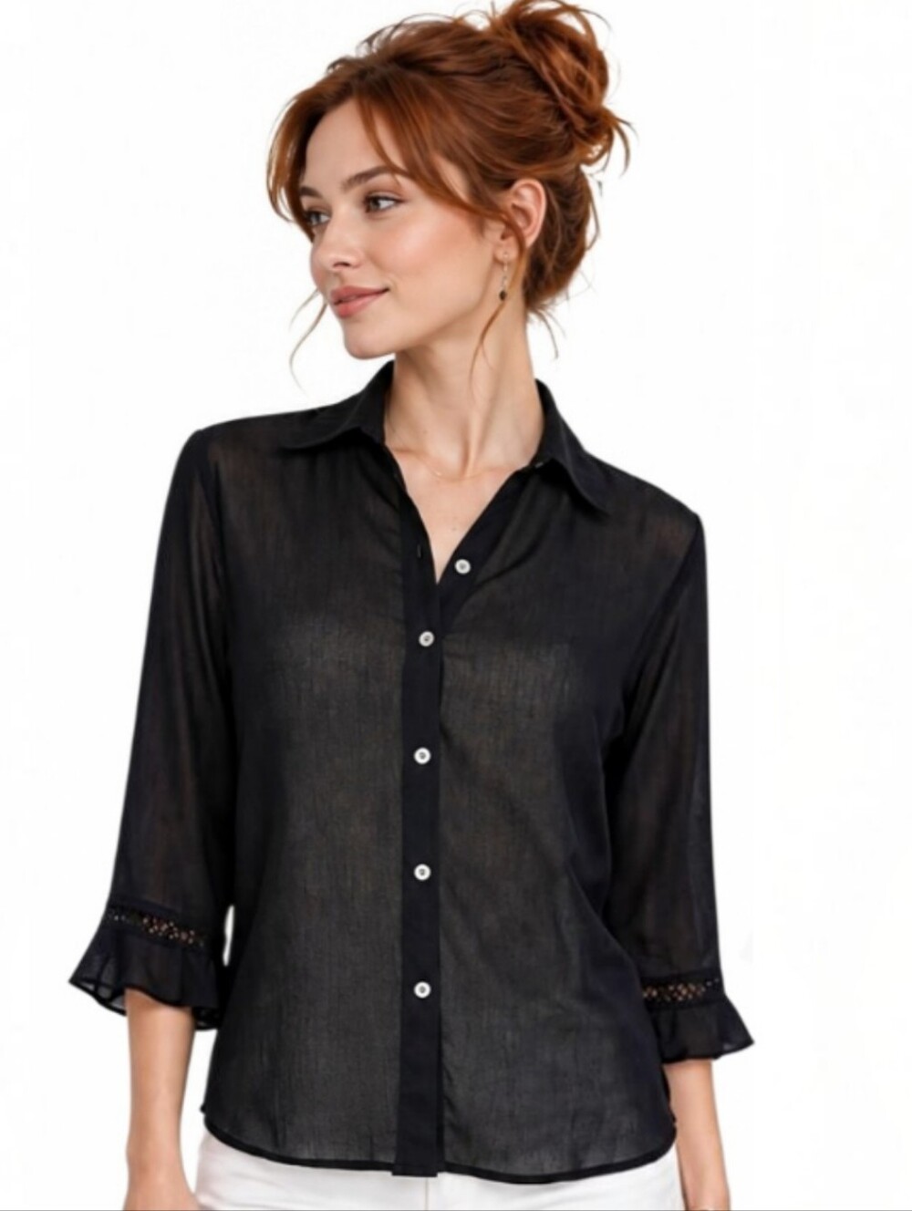 VTG 90s Liz Claiborne Lizsport Petite Black Sheer Blouse Ruffle Cuff Small Pet